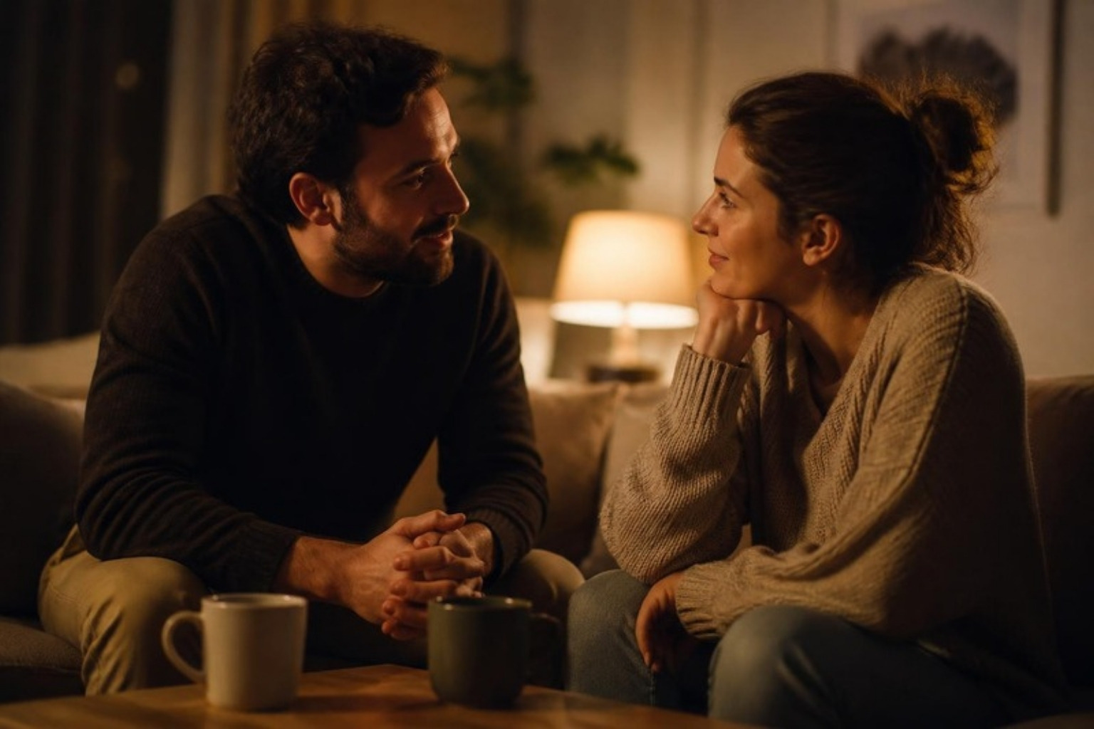 Een man en zijn partner zitten dicht bij elkaar op de bank in een echt gesprek, warm avondlicht.
