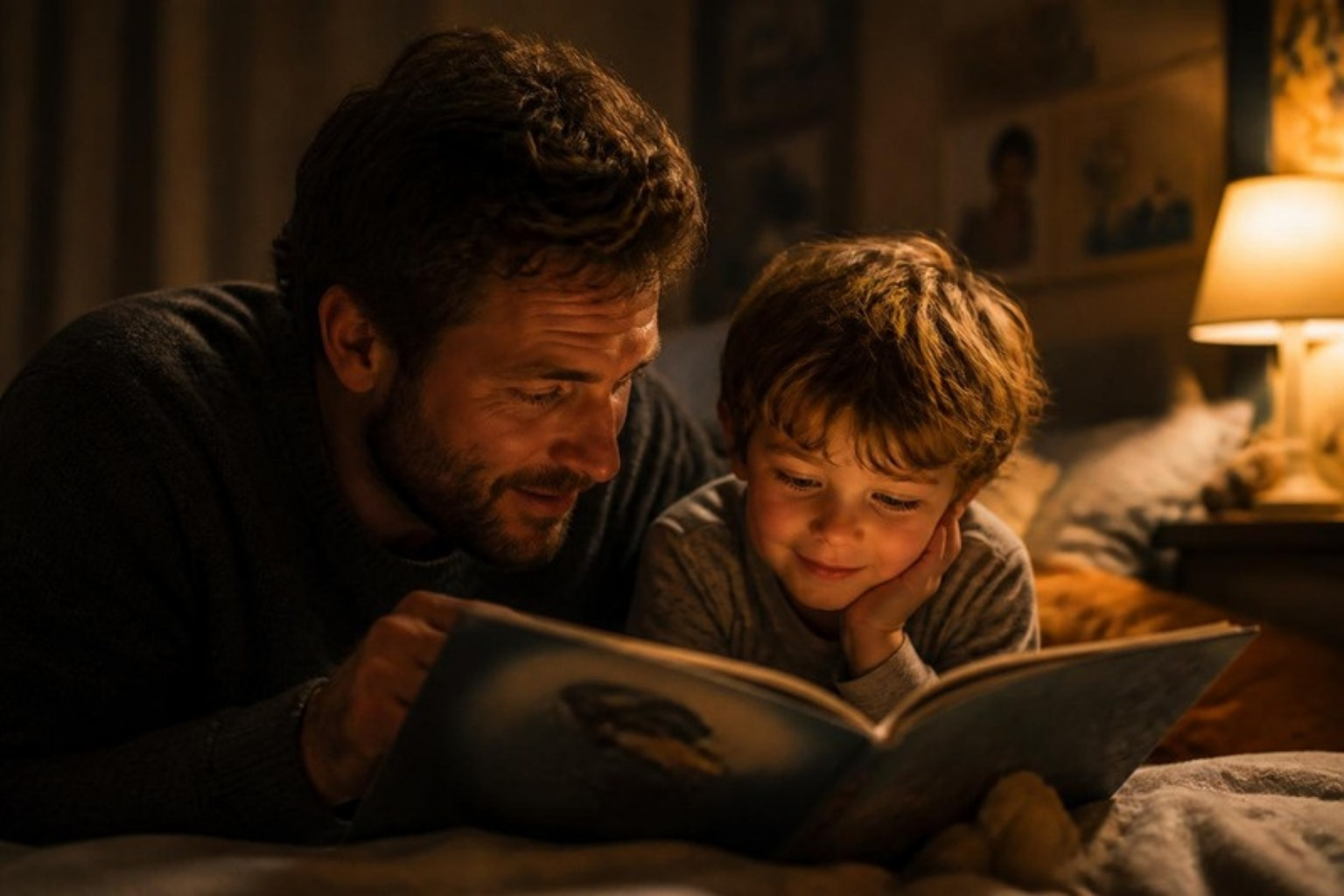 Een vader ligt naast zijn kind en leest samen een boek voor het slapengaan, warm lamplicht.